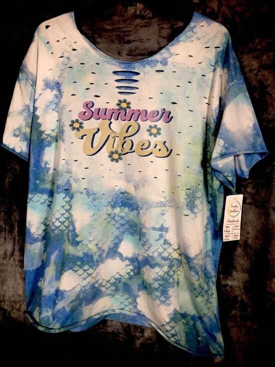 Handmade Tops - Summer Vibes Distressed Women’s Mermaid T-Shirt Size Adult Extra Large